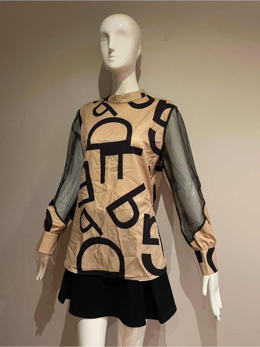 Beige Graphic Print Long-Sleeve Top with Sheer Sleeves